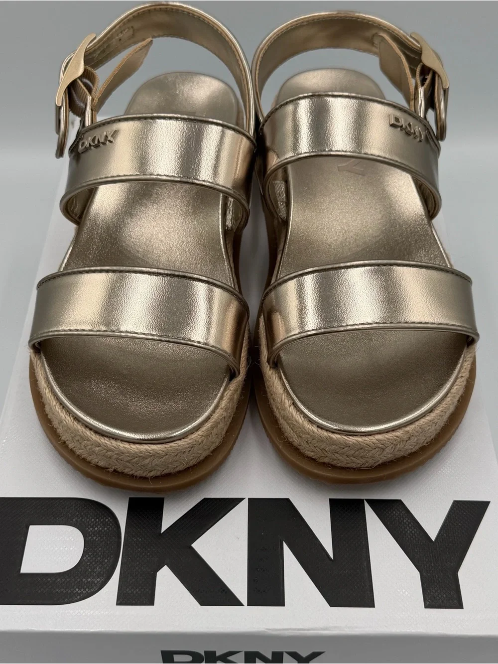 DKNY Metallic Champagne Bernae Slingback Platform Sandals with Ankle Strap NIB